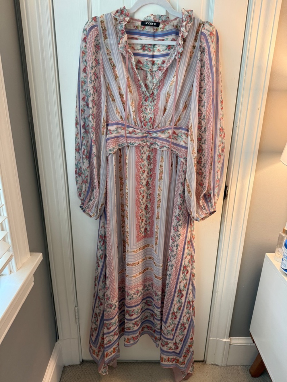 Emanuel Ungaro Floral Pink Long Sleeve Maxi Dress w Attached Slip